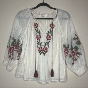 ANTHRO CHELSEA & THEODORE Boho Cross Stitch Floral Embroidered Peasant Blouse